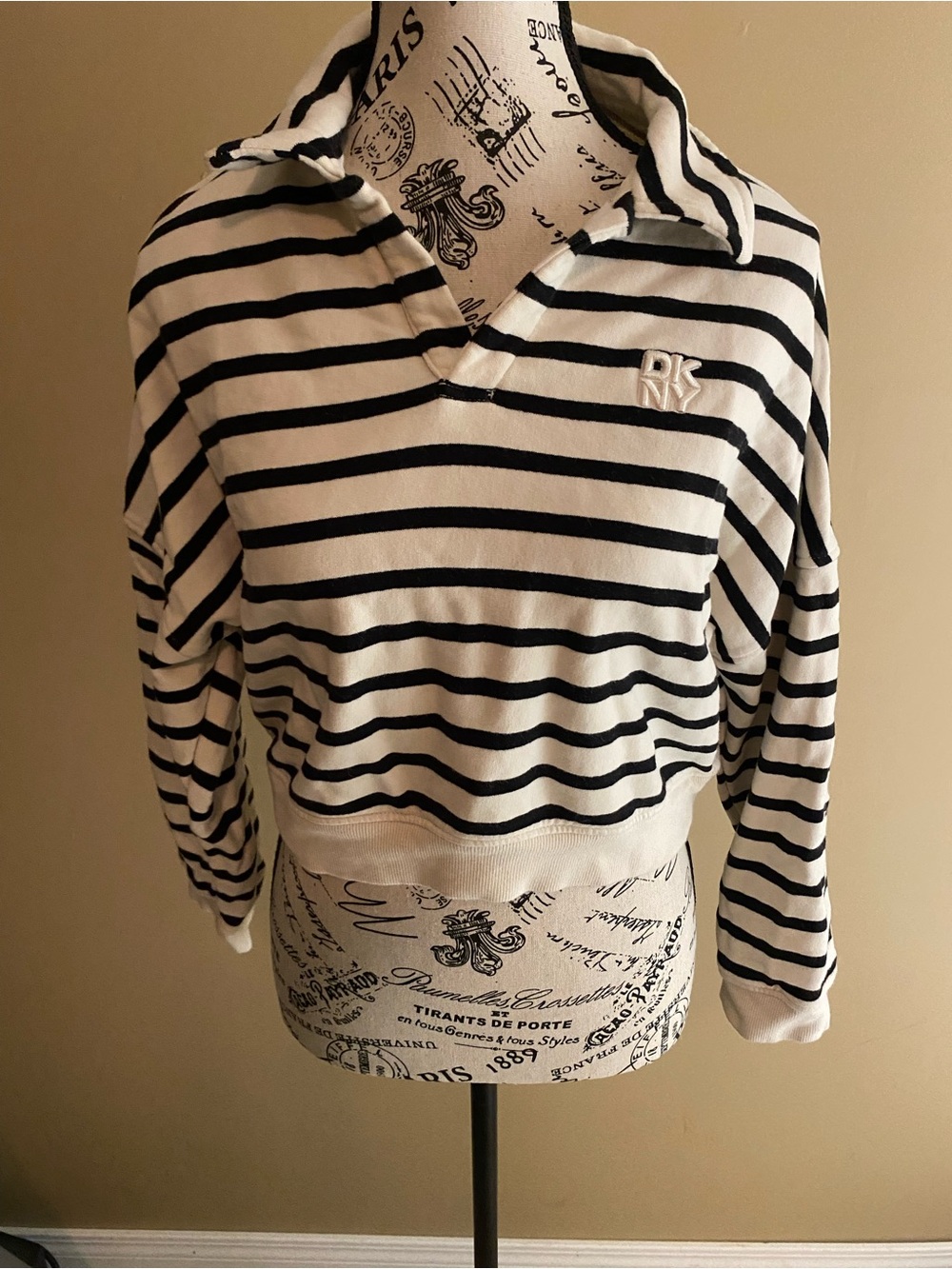 DKNY Black and White Striped Cropped Polo Sweater